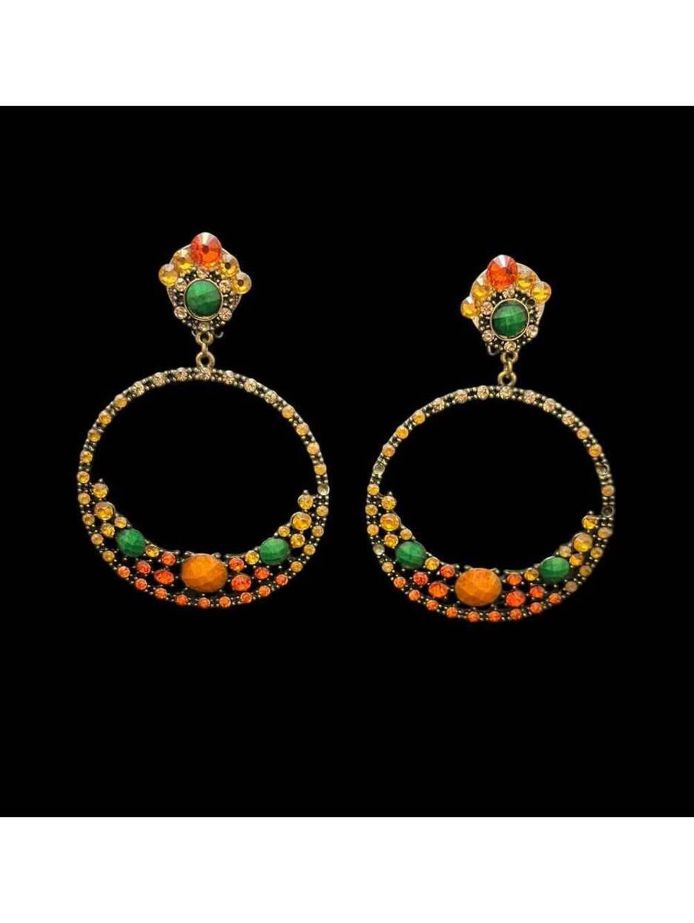 Bohemian Orange and Green Crystal Clip On Hoop Earrings - Picture 1 of 3